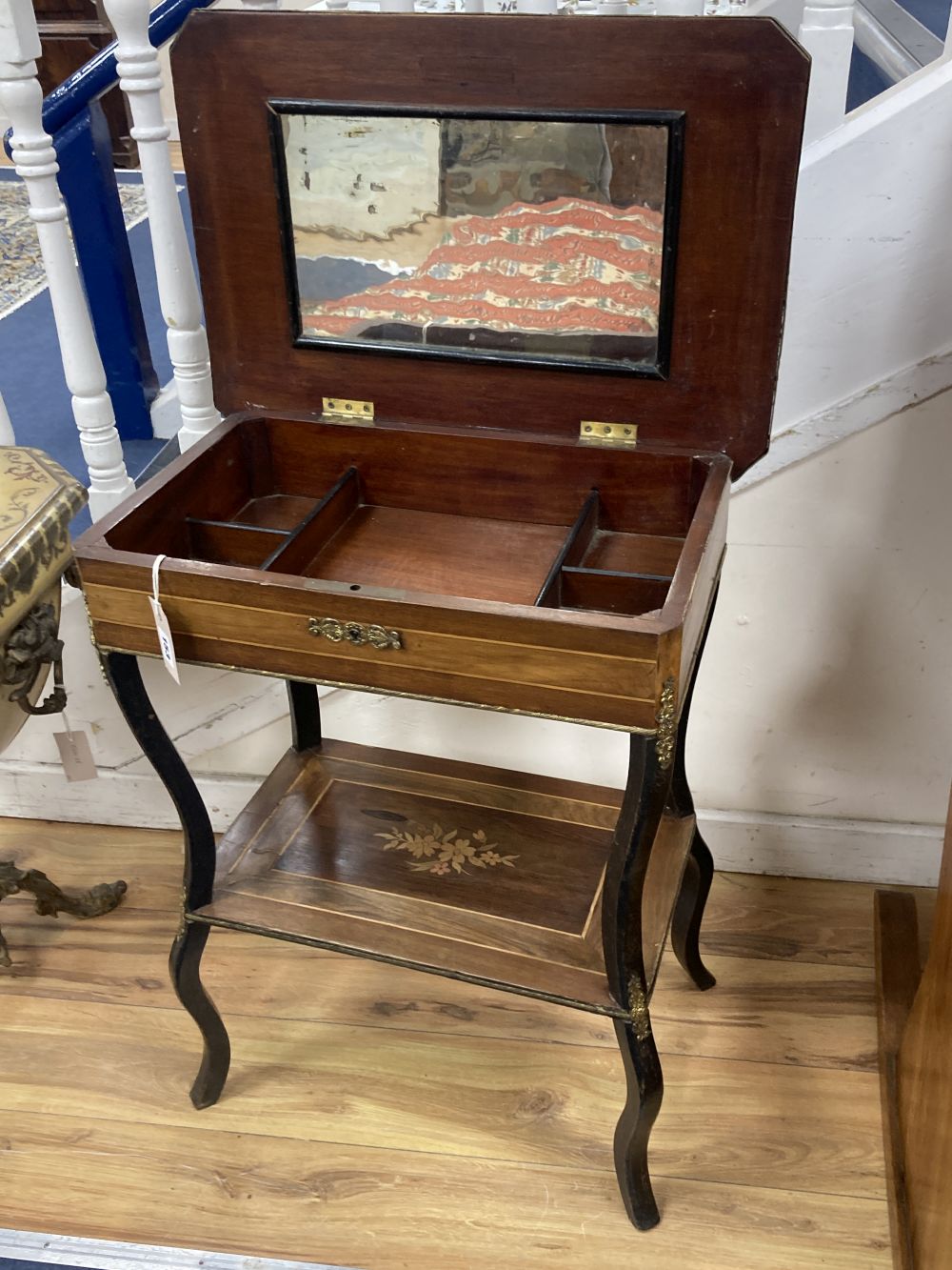 A French marquetry inlaid kingwood and walnut two tier work table, width 57cm, depth 39cm, height 74cm